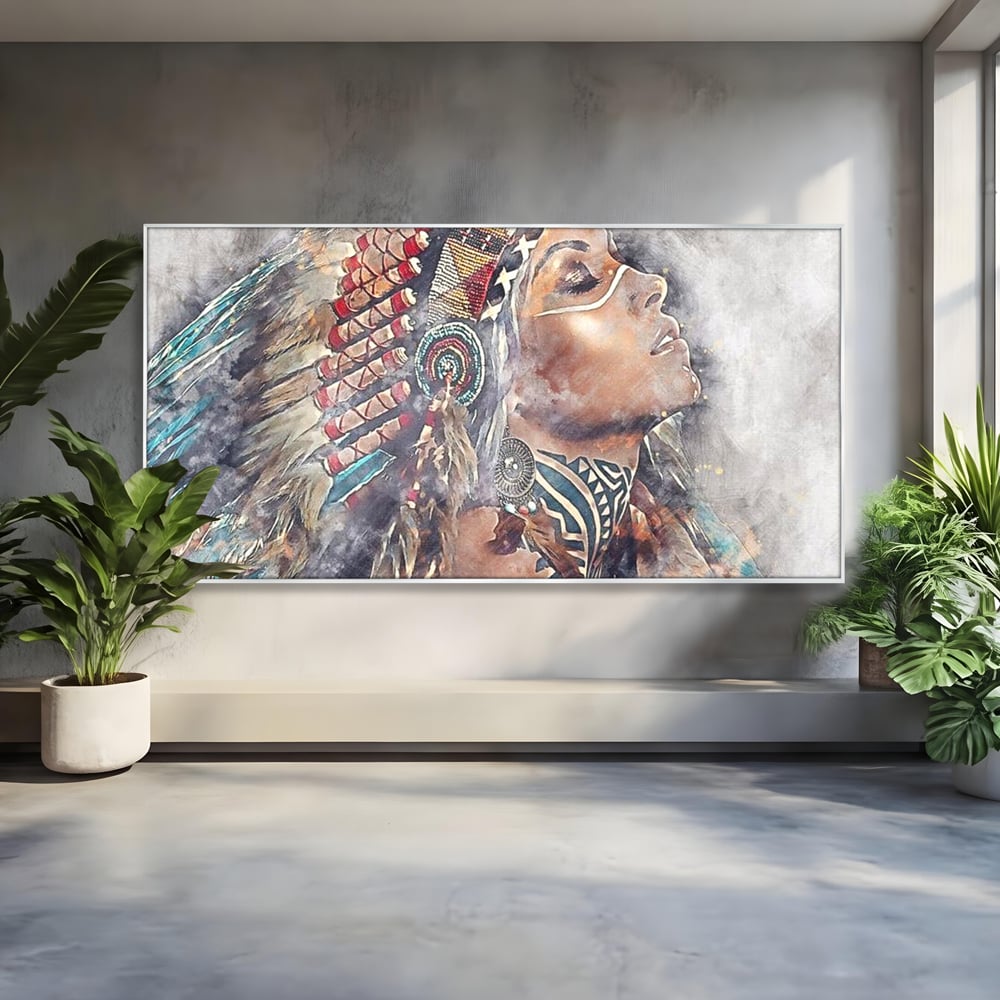 Tablou Canvas Premium LuxCanva® G1006, Suflet de Razboinica , Forta, Curaj, Tribal, Misticism, Pene, Salbatica, Femeie, Living, Dormitor, Culori vibrante