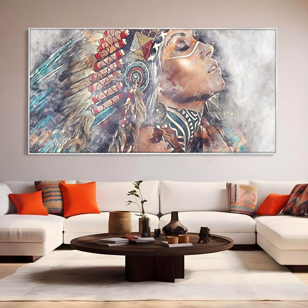 Tablou Canvas Premium LuxCanva® G1006, Suflet de Razboinica , Forta, Curaj, Tribal, Misticism, Pene, Salbatica, Femeie, Living, Dormitor, Culori vibrante