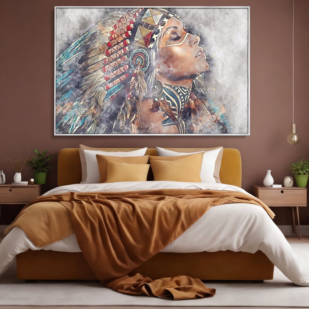 Tablou Canvas Premium LuxCanva® G1006, Suflet de Razboinica , Forta, Curaj, Tribal, Misticism, Pene, Salbatica, Femeie, Living, Dormitor, Culori vibrante