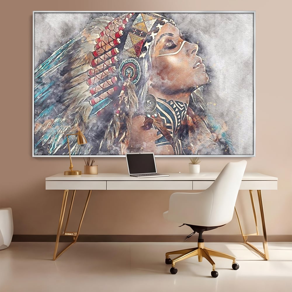 Tablou Canvas Premium LuxCanva® G1006, Suflet de Razboinica , Forta, Curaj, Tribal, Misticism, Pene, Salbatica, Femeie, Living, Dormitor, Culori vibrante
