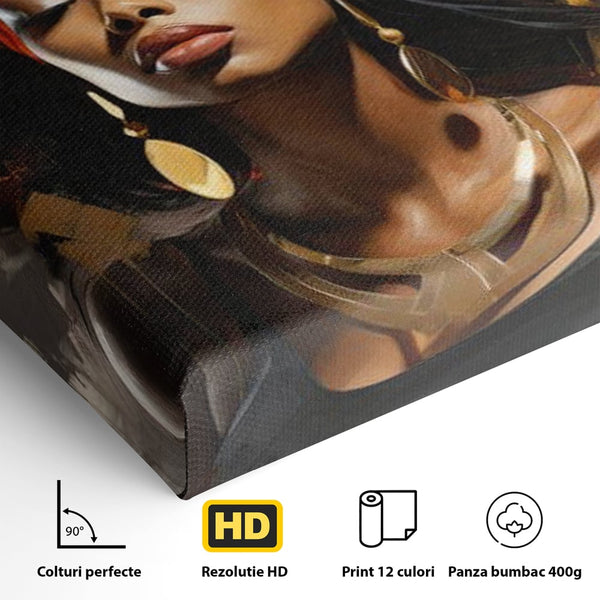 Tablou Canvas Premium LuxCanva® G1007, Gratia Unei Zeite , Turban, Rosu, Accesorii, Auriu, Africa, Bijuterii, Femeie, Living, Dormitor, Culori vibrante