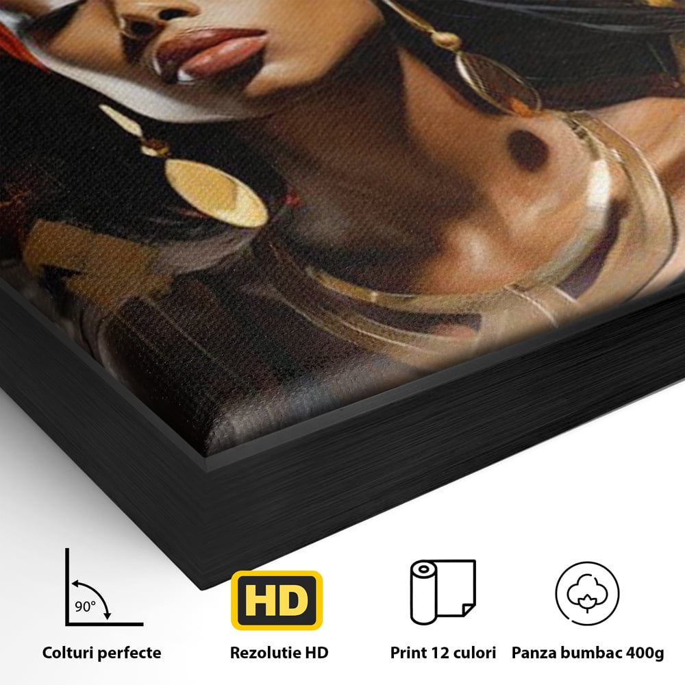Tablou Canvas Premium LuxCanva® G1007, Gratia Unei Zeite , Turban, Rosu, Accesorii, Auriu, Africa, Bijuterii, Femeie, Living, Dormitor, Culori vibrante