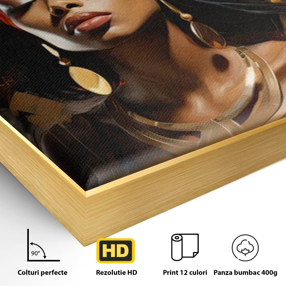 Tablou Canvas Premium LuxCanva® G1007, Gratia Unei Zeite , Turban, Rosu, Accesorii, Auriu, Africa, Bijuterii, Femeie, Living, Dormitor, Culori vibrante