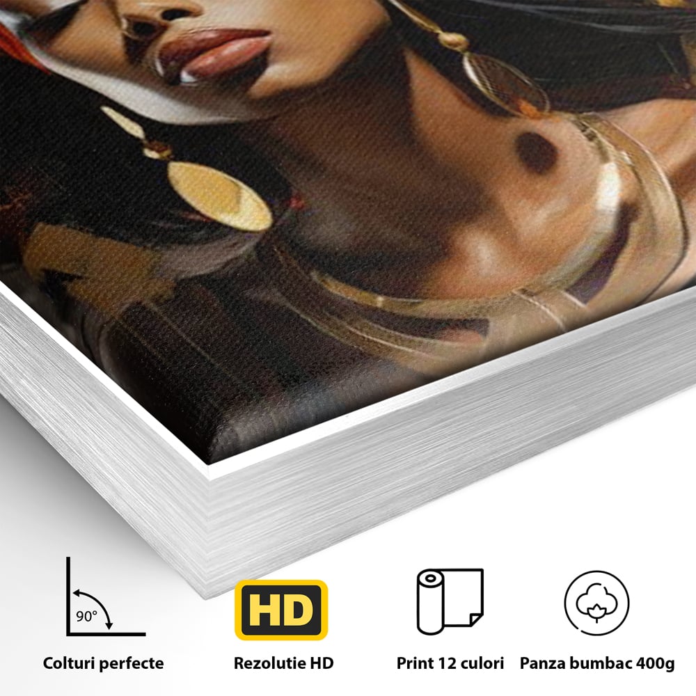 Tablou Canvas Premium LuxCanva® G1007, Gratia Unei Zeite , Turban, Rosu, Accesorii, Auriu, Africa, Bijuterii, Femeie, Living, Dormitor, Culori vibrante