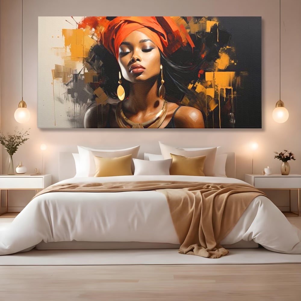 Tablou Canvas Premium LuxCanva® G1007, Gratia Unei Zeite , Turban, Rosu, Accesorii, Auriu, Africa, Bijuterii, Femeie, Living, Dormitor, Culori vibrante