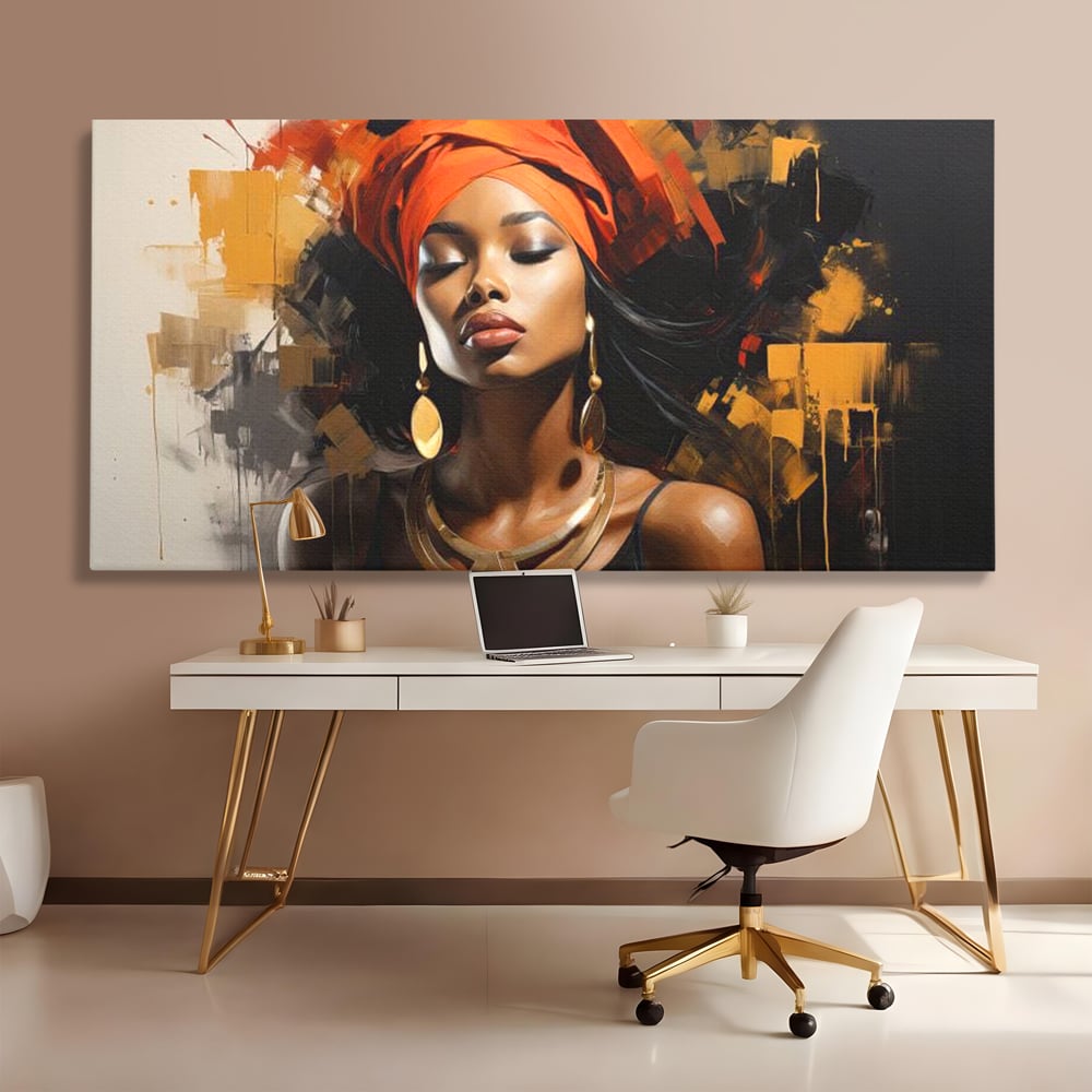 Tablou Canvas Premium LuxCanva® G1007, Gratia Unei Zeite , Turban, Rosu, Accesorii, Auriu, Africa, Bijuterii, Femeie, Living, Dormitor, Culori vibrante