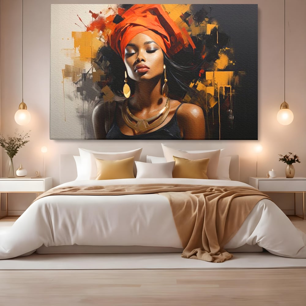Tablou Canvas Premium LuxCanva® G1007, Gratia Unei Zeite , Turban, Rosu, Accesorii, Auriu, Africa, Bijuterii, Femeie, Living, Dormitor, Culori vibrante