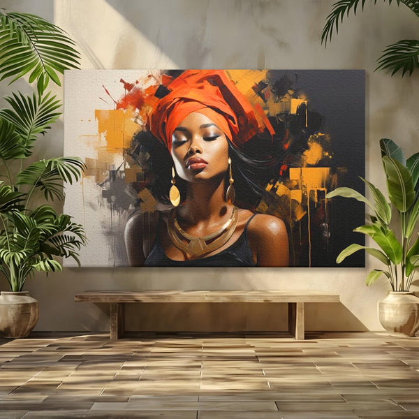 Tablou Canvas Premium LuxCanva® G1007, Gratia Unei Zeite , Turban, Rosu, Accesorii, Auriu, Africa, Bijuterii, Femeie, Living, Dormitor, Culori vibrante