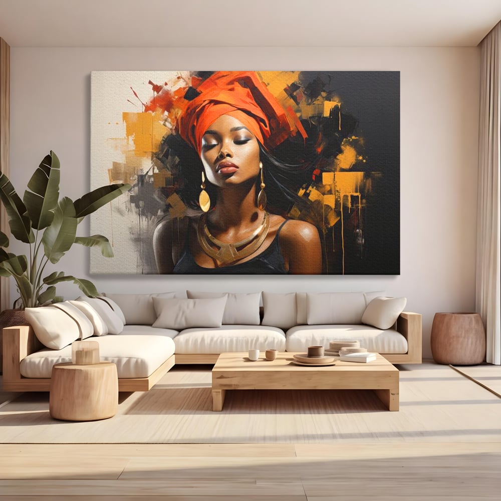 Tablou Canvas Premium LuxCanva® G1007, Gratia Unei Zeite , Turban, Rosu, Accesorii, Auriu, Africa, Bijuterii, Femeie, Living, Dormitor, Culori vibrante
