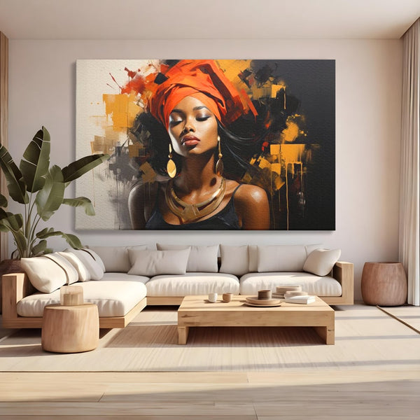 Tablou Canvas Premium LuxCanva® G1007, Gratia Unei Zeite , Turban, Rosu, Accesorii, Auriu, Africa, Bijuterii, Femeie, Living, Dormitor, Culori vibrante