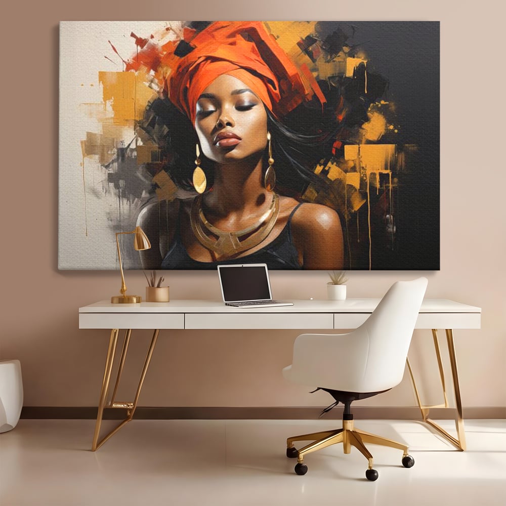 Tablou Canvas Premium LuxCanva® G1007, Gratia Unei Zeite , Turban, Rosu, Accesorii, Auriu, Africa, Bijuterii, Femeie, Living, Dormitor, Culori vibrante