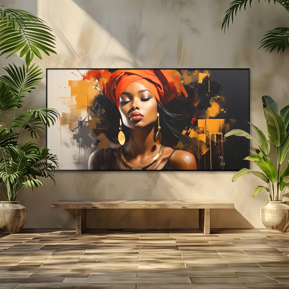 Tablou Canvas Premium LuxCanva® G1007, Gratia Unei Zeite , Turban, Rosu, Accesorii, Auriu, Africa, Bijuterii, Femeie, Living, Dormitor, Culori vibrante