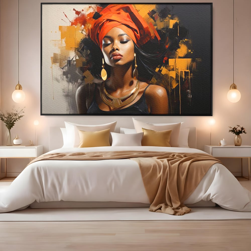 Tablou Canvas Premium LuxCanva® G1007, Gratia Unei Zeite , Turban, Rosu, Accesorii, Auriu, Africa, Bijuterii, Femeie, Living, Dormitor, Culori vibrante