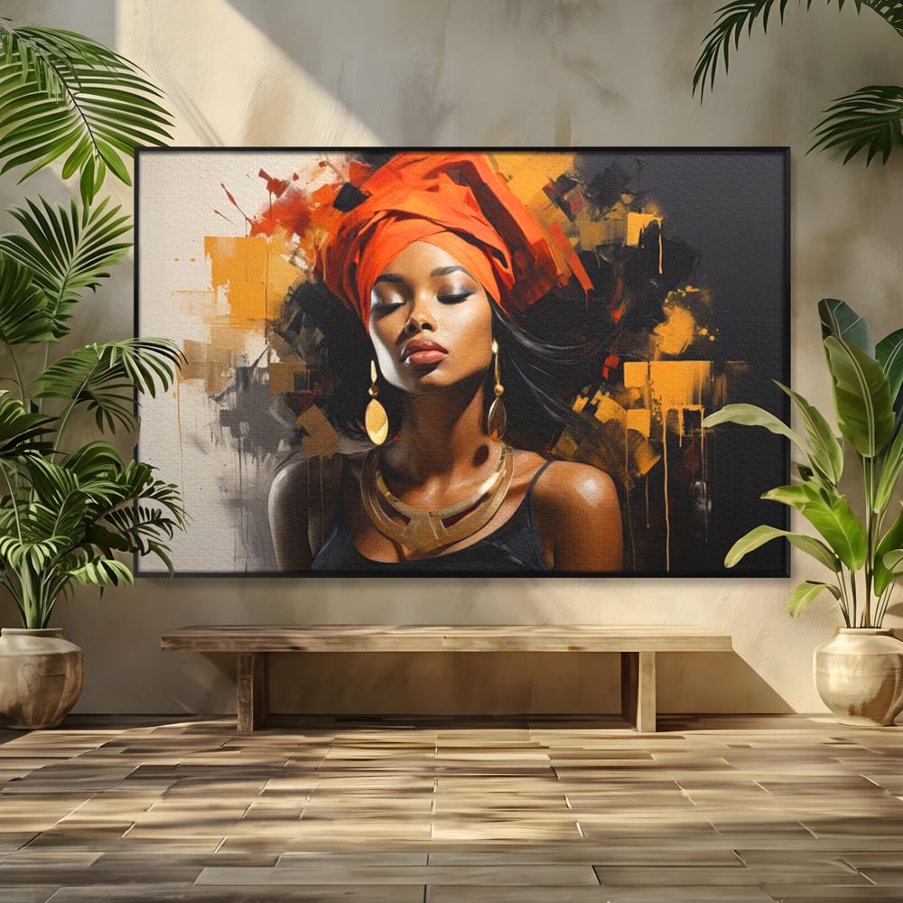 Tablou Canvas Premium LuxCanva® G1007, Gratia Unei Zeite , Turban, Rosu, Accesorii, Auriu, Africa, Bijuterii, Femeie, Living, Dormitor, Culori vibrante