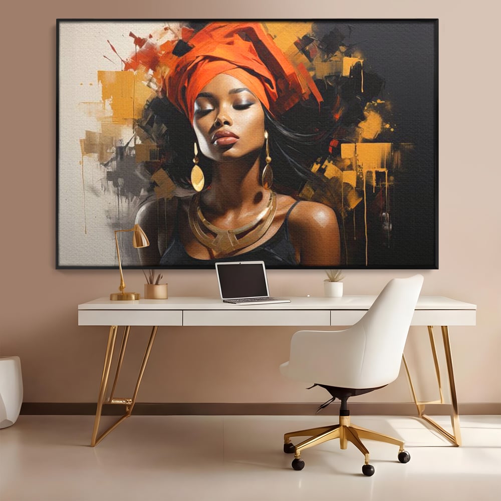 Tablou Canvas Premium LuxCanva® G1007, Gratia Unei Zeite , Turban, Rosu, Accesorii, Auriu, Africa, Bijuterii, Femeie, Living, Dormitor, Culori vibrante