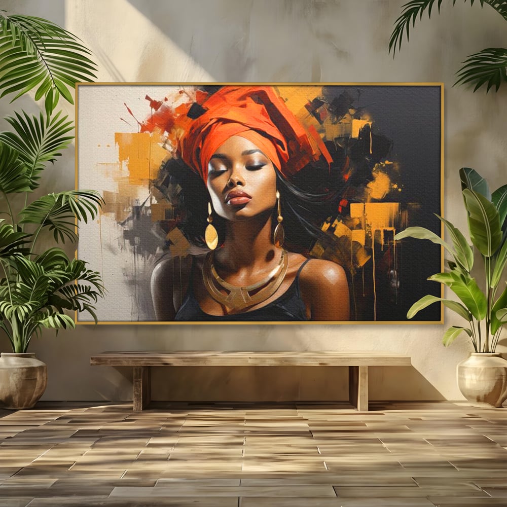 Tablou Canvas Premium LuxCanva® G1007, Gratia Unei Zeite , Turban, Rosu, Accesorii, Auriu, Africa, Bijuterii, Femeie, Living, Dormitor, Culori vibrante