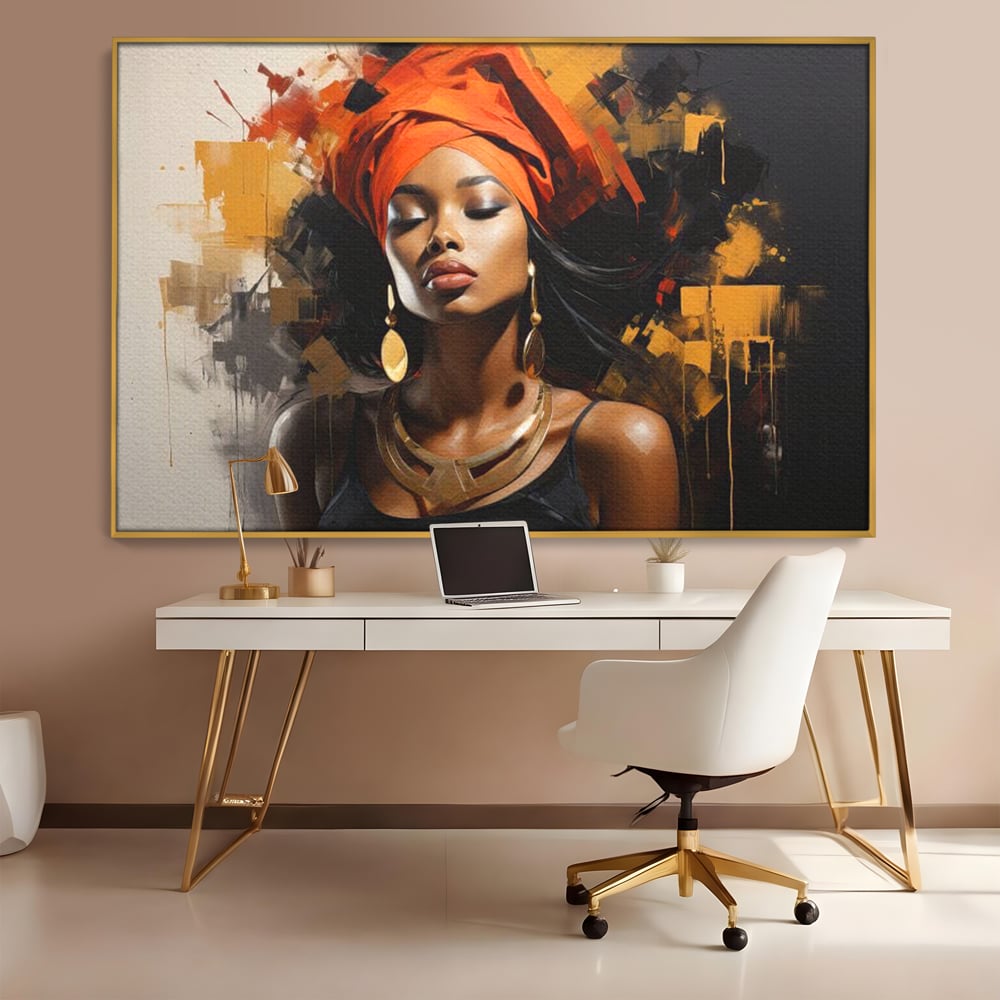 Tablou Canvas Premium LuxCanva® G1007, Gratia Unei Zeite , Turban, Rosu, Accesorii, Auriu, Africa, Bijuterii, Femeie, Living, Dormitor, Culori vibrante