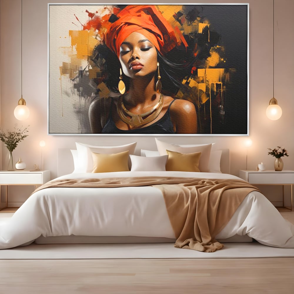 Tablou Canvas Premium LuxCanva® G1007, Gratia Unei Zeite , Turban, Rosu, Accesorii, Auriu, Africa, Bijuterii, Femeie, Living, Dormitor, Culori vibrante