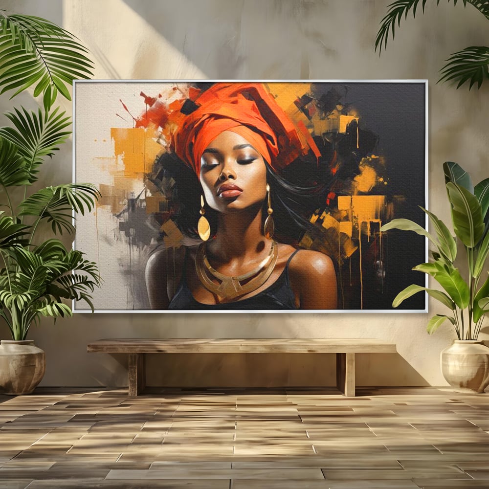 Tablou Canvas Premium LuxCanva® G1007, Gratia Unei Zeite , Turban, Rosu, Accesorii, Auriu, Africa, Bijuterii, Femeie, Living, Dormitor, Culori vibrante
