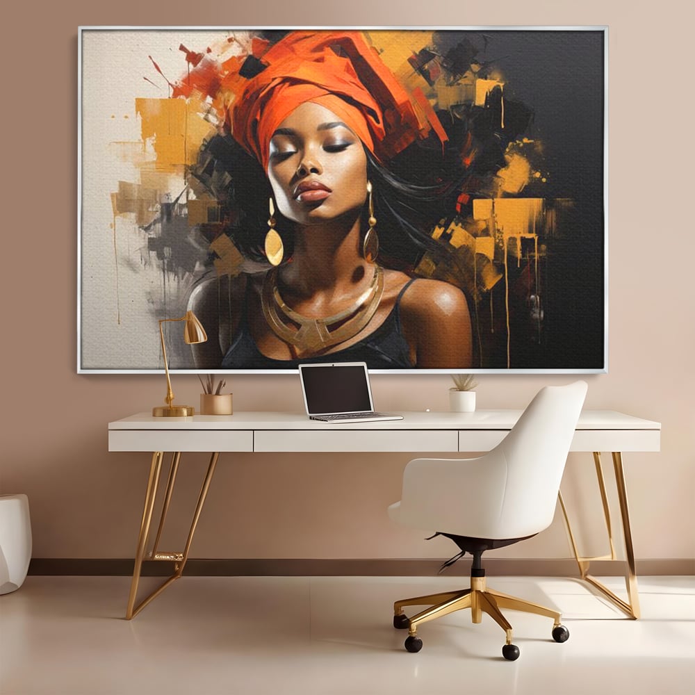 Tablou Canvas Premium LuxCanva® G1007, Gratia Unei Zeite , Turban, Rosu, Accesorii, Auriu, Africa, Bijuterii, Femeie, Living, Dormitor, Culori vibrante