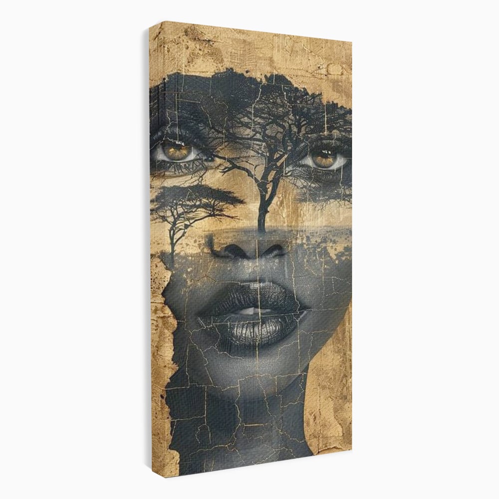 Tablou Canvas Premium LuxCanva® G1008, Chipul Africii , Natura, Copaci, Pamant, Privire, Simbolism, Femeie, Living, Dormitor, Culori vibrante