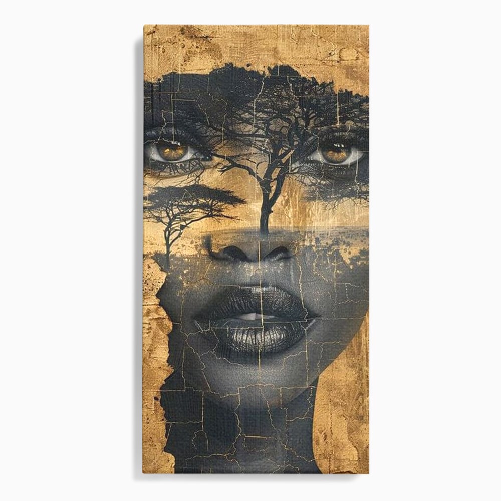 Tablou Canvas Premium LuxCanva® G1008, Chipul Africii , Natura, Copaci, Pamant, Privire, Simbolism, Femeie, Living, Dormitor, Culori vibrante