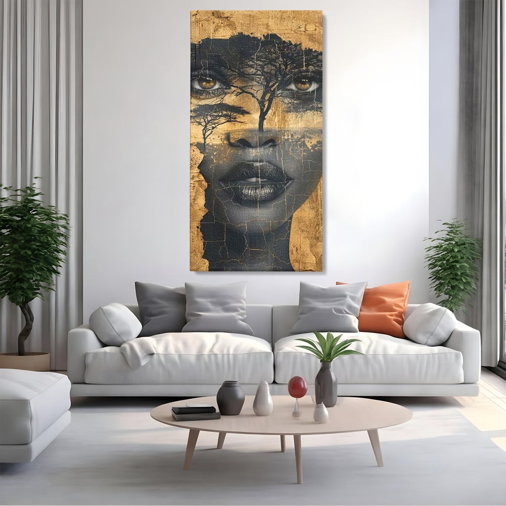 Tablou Canvas Premium LuxCanva® G1008, Chipul Africii , Natura, Copaci, Pamant, Privire, Simbolism, Femeie, Living, Dormitor, Culori vibrante