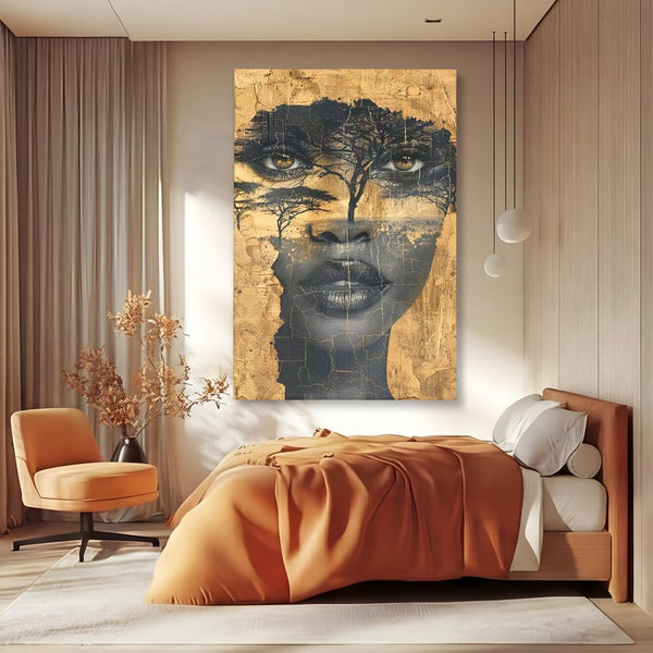 Tablou Canvas Premium LuxCanva® G1008, Chipul Africii , Natura, Copaci, Pamant, Privire, Simbolism, Femeie, Living, Dormitor, Culori vibrante