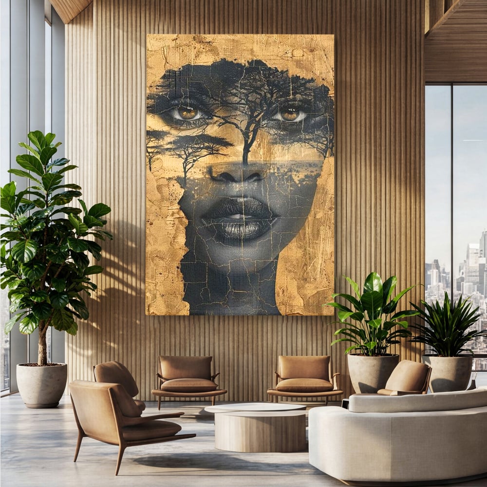 Tablou Canvas Premium LuxCanva® G1008, Chipul Africii , Natura, Copaci, Pamant, Privire, Simbolism, Femeie, Living, Dormitor, Culori vibrante