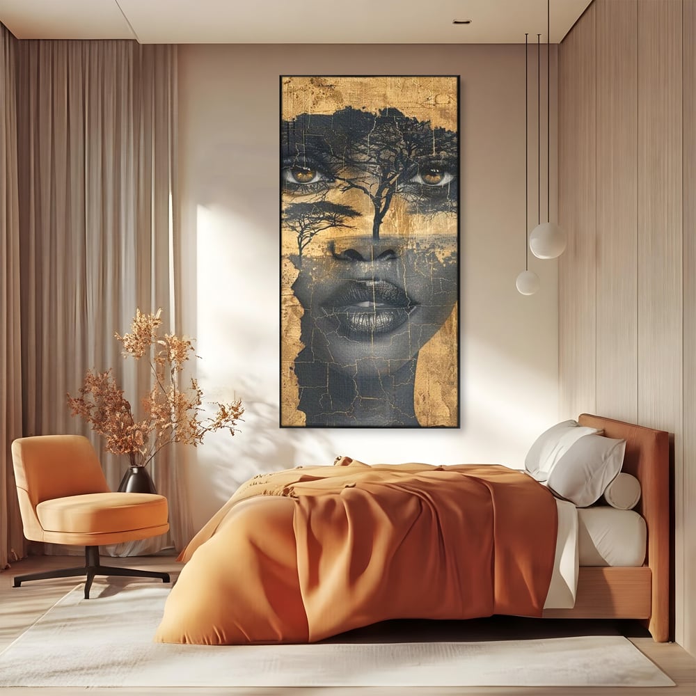 Tablou Canvas Premium LuxCanva® G1008, Chipul Africii , Natura, Copaci, Pamant, Privire, Simbolism, Femeie, Living, Dormitor, Culori vibrante