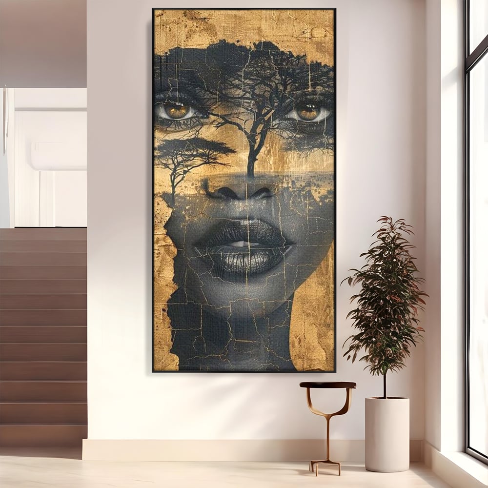 Tablou Canvas Premium LuxCanva® G1008, Chipul Africii , Natura, Copaci, Pamant, Privire, Simbolism, Femeie, Living, Dormitor, Culori vibrante