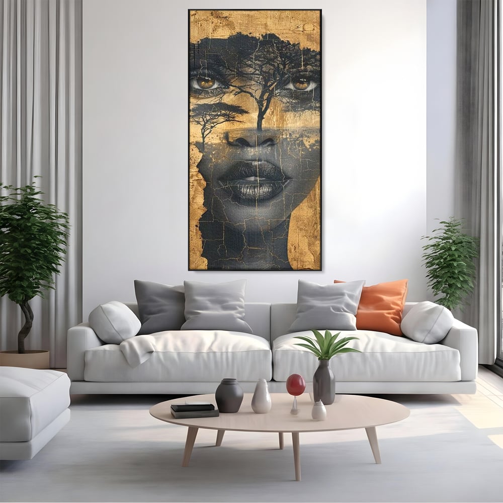 Tablou Canvas Premium LuxCanva® G1008, Chipul Africii , Natura, Copaci, Pamant, Privire, Simbolism, Femeie, Living, Dormitor, Culori vibrante