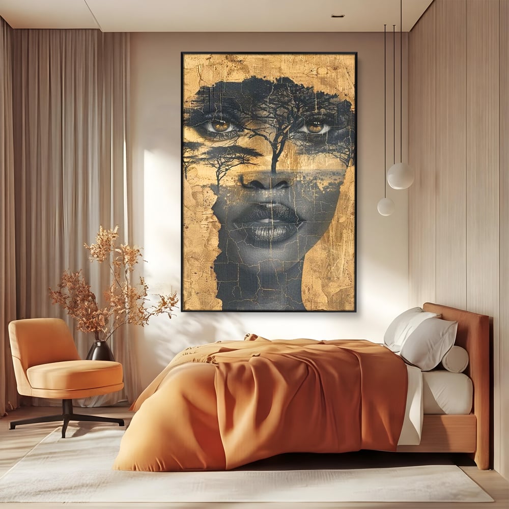 Tablou Canvas Premium LuxCanva® G1008, Chipul Africii , Natura, Copaci, Pamant, Privire, Simbolism, Femeie, Living, Dormitor, Culori vibrante