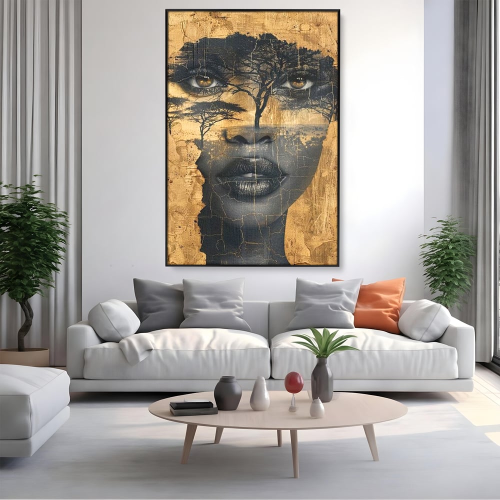 Tablou Canvas Premium LuxCanva® G1008, Chipul Africii , Natura, Copaci, Pamant, Privire, Simbolism, Femeie, Living, Dormitor, Culori vibrante