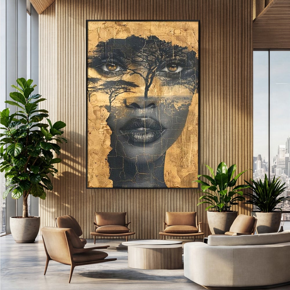 Tablou Canvas Premium LuxCanva® G1008, Chipul Africii , Natura, Copaci, Pamant, Privire, Simbolism, Femeie, Living, Dormitor, Culori vibrante