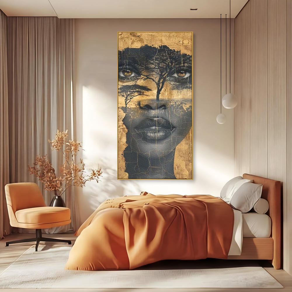 Tablou Canvas Premium LuxCanva® G1008, Chipul Africii , Natura, Copaci, Pamant, Privire, Simbolism, Femeie, Living, Dormitor, Culori vibrante