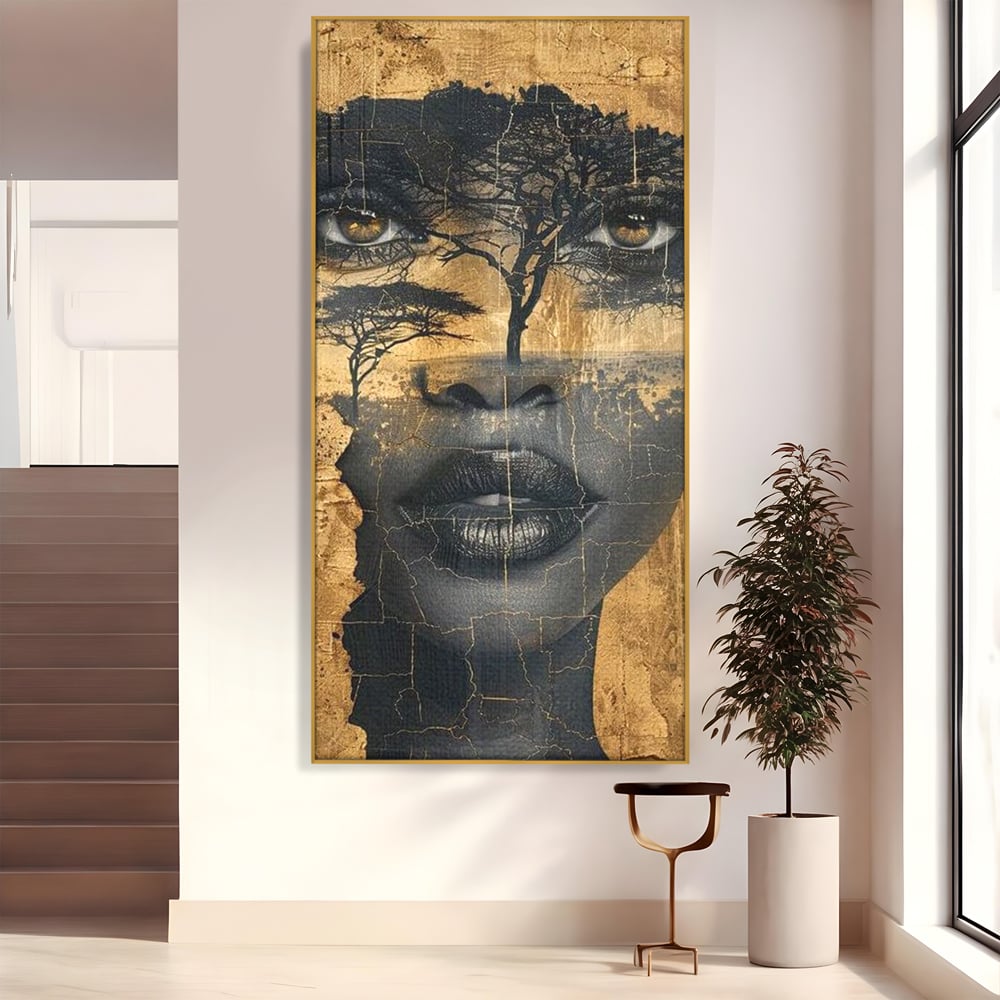 Tablou Canvas Premium LuxCanva® G1008, Chipul Africii , Natura, Copaci, Pamant, Privire, Simbolism, Femeie, Living, Dormitor, Culori vibrante
