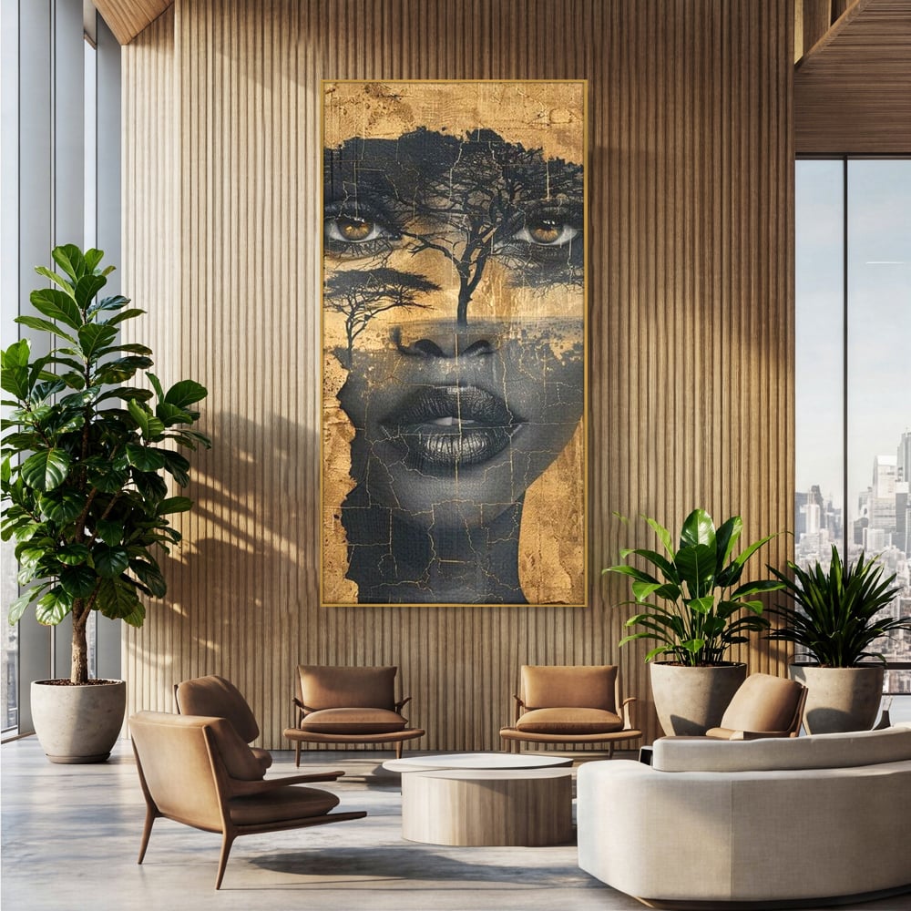 Tablou Canvas Premium LuxCanva® G1008, Chipul Africii , Natura, Copaci, Pamant, Privire, Simbolism, Femeie, Living, Dormitor, Culori vibrante