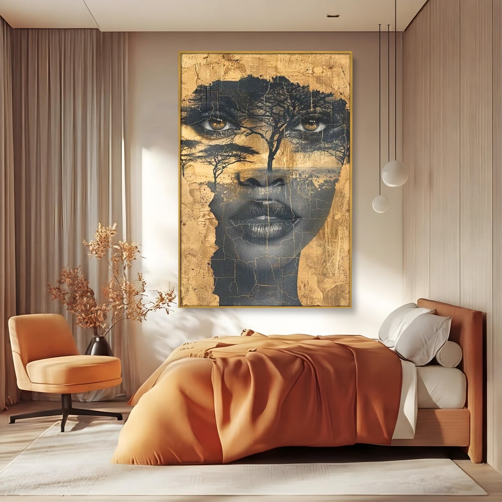 Tablou Canvas Premium LuxCanva® G1008, Chipul Africii , Natura, Copaci, Pamant, Privire, Simbolism, Femeie, Living, Dormitor, Culori vibrante