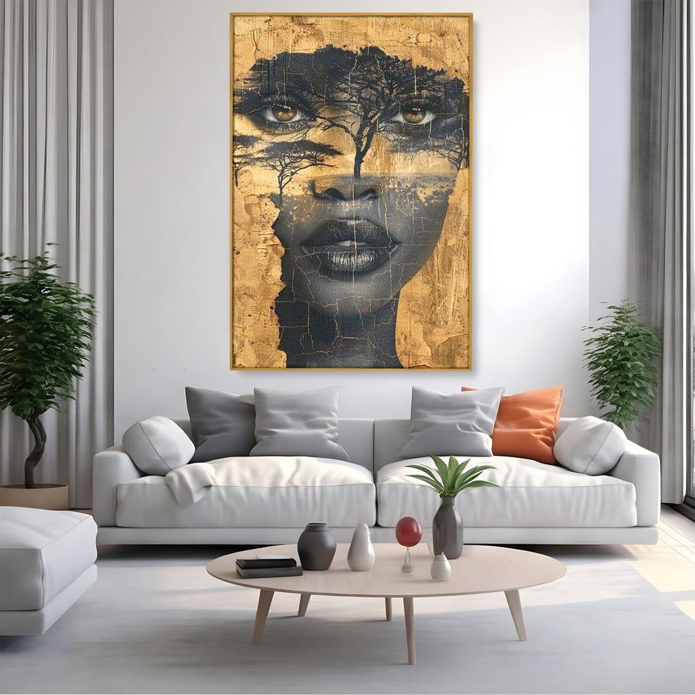 Tablou Canvas Premium LuxCanva® G1008, Chipul Africii , Natura, Copaci, Pamant, Privire, Simbolism, Femeie, Living, Dormitor, Culori vibrante