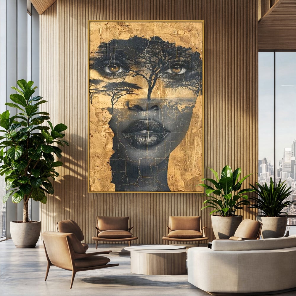 Tablou Canvas Premium LuxCanva® G1008, Chipul Africii , Natura, Copaci, Pamant, Privire, Simbolism, Femeie, Living, Dormitor, Culori vibrante