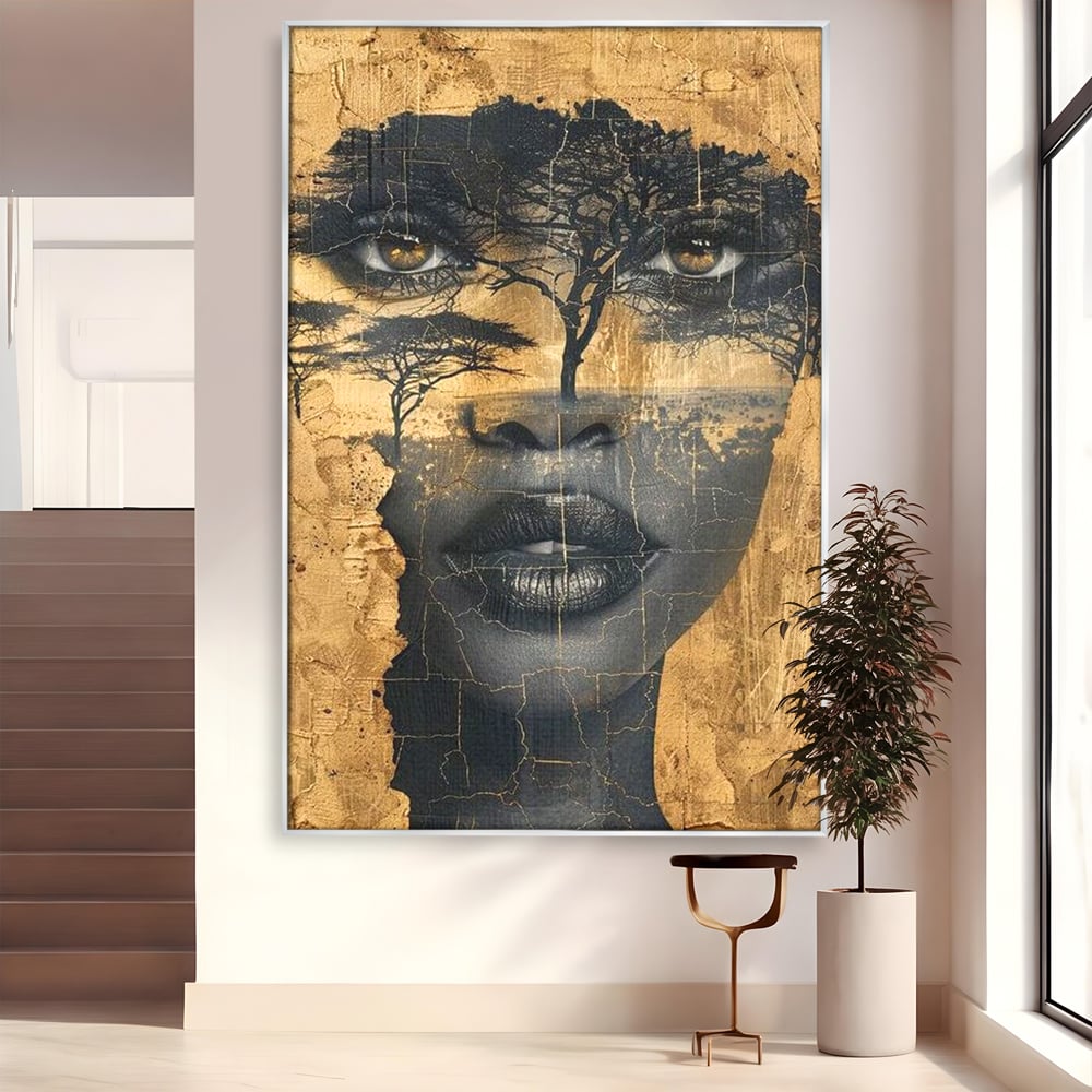 Tablou Canvas Premium LuxCanva® G1008, Chipul Africii , Natura, Copaci, Pamant, Privire, Simbolism, Femeie, Living, Dormitor, Culori vibrante