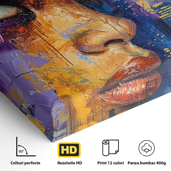 Tablou Canvas Premium LuxCanva® G1010, Femeia si Lumina Orasului , Urban, Metropola, Privire, Femeie, Violet, Living, Dormitor, Culori vibrante