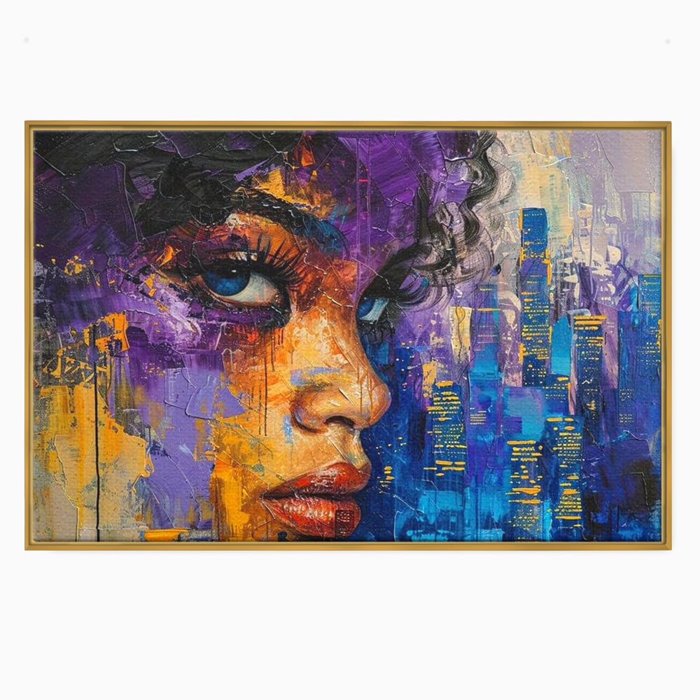 Tablou Canvas Premium LuxCanva® G1010, Femeia si Lumina Orasului , Urban, Metropola, Privire, Femeie, Violet, Living, Dormitor, Culori vibrante
