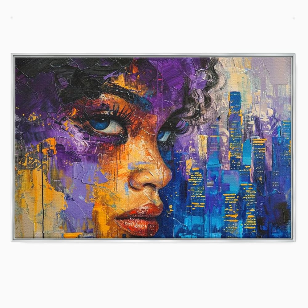 Tablou Canvas Premium LuxCanva® G1010, Femeia si Lumina Orasului , Urban, Metropola, Privire, Femeie, Violet, Living, Dormitor, Culori vibrante