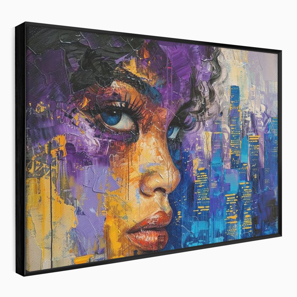 Tablou Canvas Premium LuxCanva® G1010, Femeia si Lumina Orasului , Urban, Metropola, Privire, Femeie, Violet, Living, Dormitor, Culori vibrante