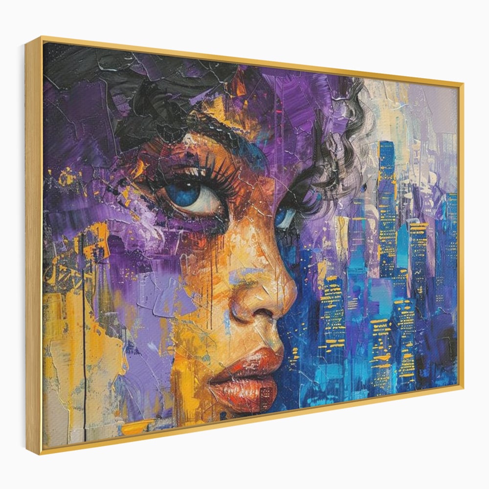 Tablou Canvas Premium LuxCanva® G1010, Femeia si Lumina Orasului , Urban, Metropola, Privire, Femeie, Violet, Living, Dormitor, Culori vibrante