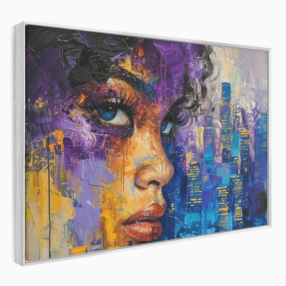 Tablou Canvas Premium LuxCanva® G1010, Femeia si Lumina Orasului , Urban, Metropola, Privire, Femeie, Violet, Living, Dormitor, Culori vibrante