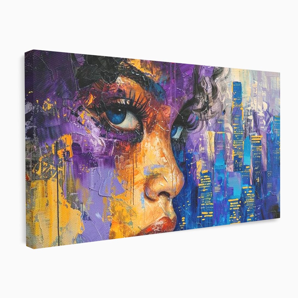 Tablou Canvas Premium LuxCanva® G1010, Femeia si Lumina Orasului , Urban, Metropola, Privire, Femeie, Violet, Living, Dormitor, Culori vibrante