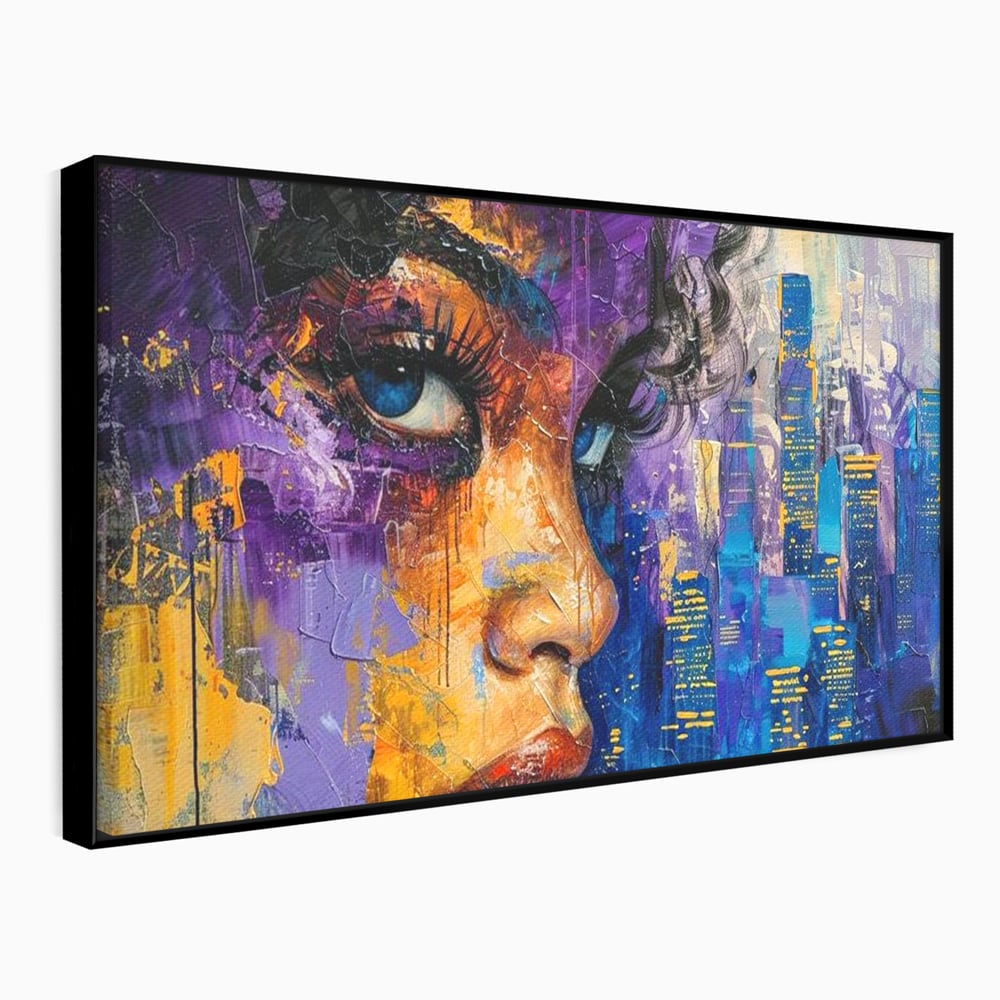 Tablou Canvas Premium LuxCanva® G1010, Femeia si Lumina Orasului , Urban, Metropola, Privire, Femeie, Violet, Living, Dormitor, Culori vibrante